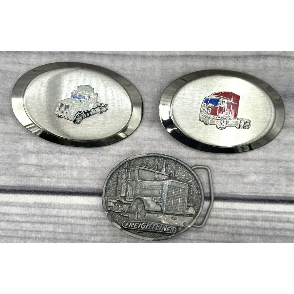 3 VINTAGE TRUCKING BELT BUCKLES - FREIGHTLINER BY TONKIN INC / 2 UNMARKED‎